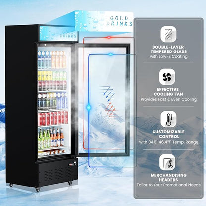 Commercial Display Refrigerator Glass Door 15.1 cu.ft Commercial Beverage Refrigerators with LED and Shelves for Cafe, Restaurant, Store