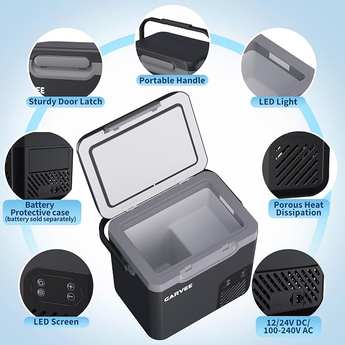 12 Volt Refrigerator, 19QT 12V Car Fridge, Portable Freezer Compressor Electric Cooler, 12/24V DC 110-240V AC, Portable Refrigerator for RV/Truck/Camping, -4°F to 68°F Internal Battery (Not Included)