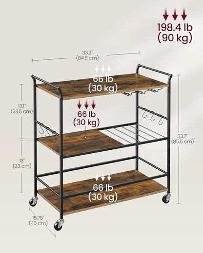 VASAGLE 3-Tier Bar Cart, Steel Serving Cart on Wheels with Wine Rack and Glass Holder, 33.3 x 15.7 x 33.7 Inches, Rustic Brown and Black, for Kitchen and Living Room, Barnet Collection ULRC210K101