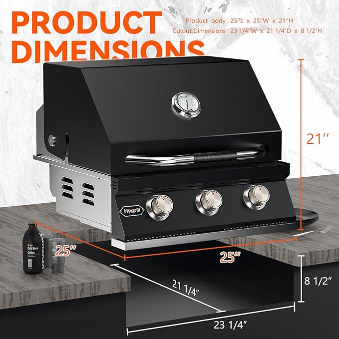 Hygrill STD Series Heavy Duty 3-Burner Built In Grill for Liquid Propane, Stainless Steel Outdoor Kitchen Grill Head, Black