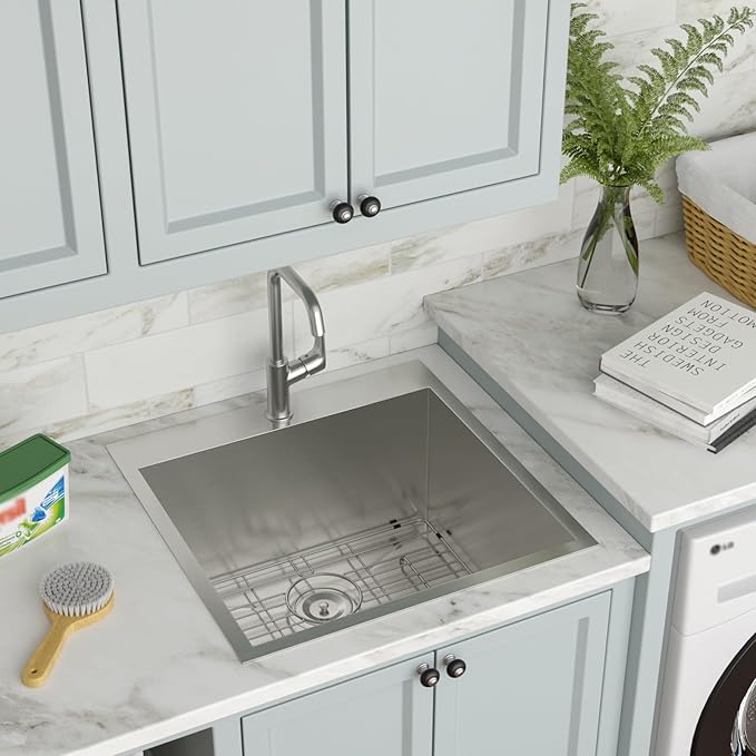 25 Inch Utility Laundry Sink Drop In 16 Gauge Stainless Steel Single Bowl Laundry Room Sink Laundry & Utility Room Kitchen Sinks 25"x22"x12"
