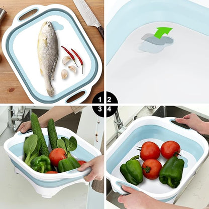Collapsible Cutting Board, HI NINGER Foldable Chopping Board Multifunction Chopping Board, Space Saving 3 in 1 Multifunction Storage Basket, Chopping&Slicing Board for Prep/Picnic/Camping (Sky blue)