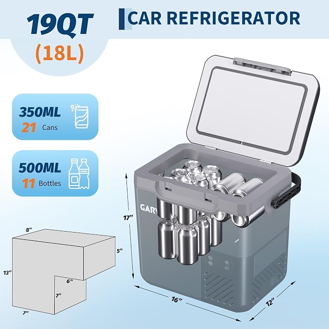 12 Volt Refrigerator, 19QT 12V Car Fridge, Portable Freezer Compressor Electric Cooler, 12/24V DC 110-240V AC, Portable Refrigerator for RV/Truck/Camping, -4°F to 68°F Internal Battery (Not Included)
