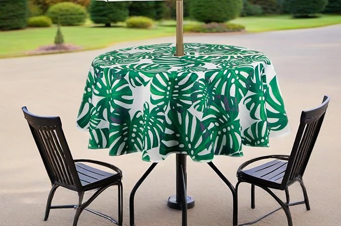SUQ I OME Patio Outdoor Umbrella Tablecloth with Hole and Zipper,Zippered,Spring Summer Table Covers for Backyard Circular Table BBQs Picnic(Leaf Green,60'' Round)