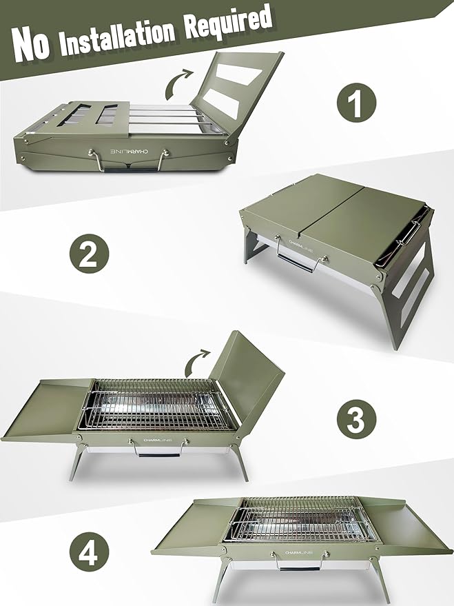 Charmline 20x14inch Big Foldable Portable Charcoal Grill, Charcoal Grills for Camping, Picnics, Gardens and Beach Parties, Green, With 44x24in Fireproof Mat