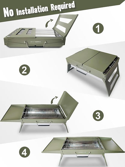 Charmline 20x14inch Big Foldable Portable Charcoal Grill, Charcoal Grills for Camping, Picnics, Gardens and Beach Parties, Green, With 44x24in Fireproof Mat