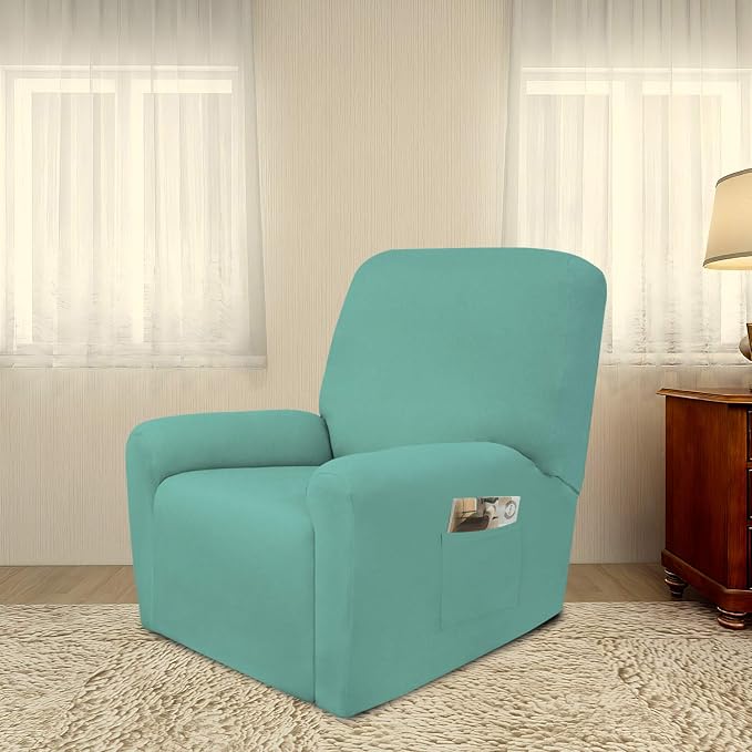 PureFit Stretc Recliner Chair Covers Fleece Soft Couch Covers for Sofa | Cyan 4-Pieces Recliner Slipcover Pocket Couch Protector, Fleece Sofa Cover Washable with Non Slip Elastic Bottom