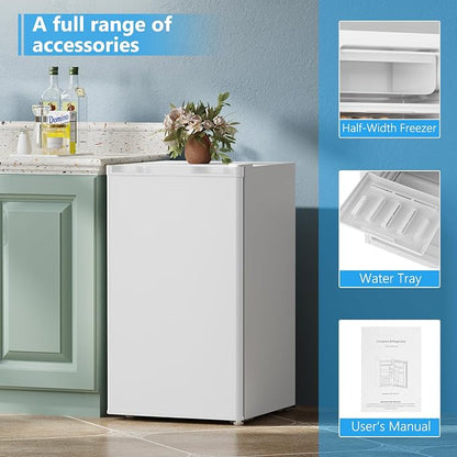 COWSAR 3.1 Cu.ft Mini Fridge, Compact Dorm Size Refrigerator with Reversible Single Door, Adjustable Thermostat, Energy Saving, Commercial Small Fridge for Bedroom Apartment Office, White