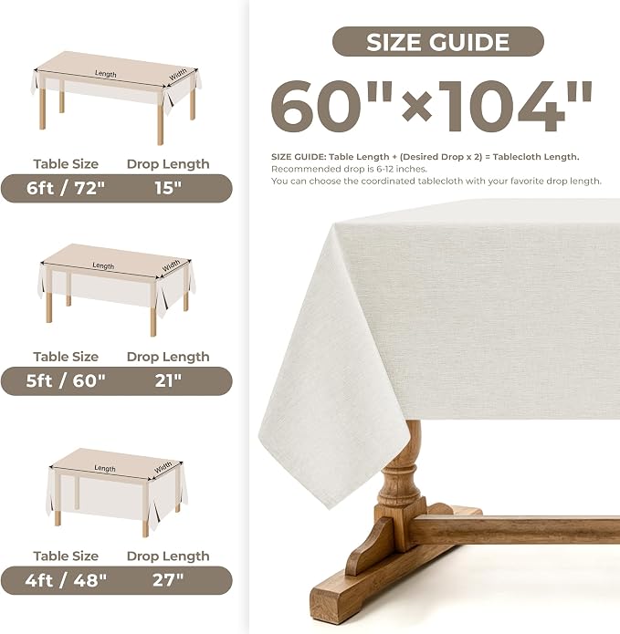 Decorelia Faux Linen Farmhouse Table Cloth 60"x104" for 6 ft Rectangle Table, Ivory Waterproof Outdoor Washable Cloth Tablecloth for Rectangular Dining Room Kitchen Outdoor Party Restaurant Decor
