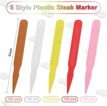 500 Pcs 3 Inch Steak Markers, Colorful Plastic Meat Doneness Picks Steak Temperature Sticks Assorted Doneness Labels Rare, Medium Rare, Medium Well, Well for Catering, Barbecues, Parties, Picnic