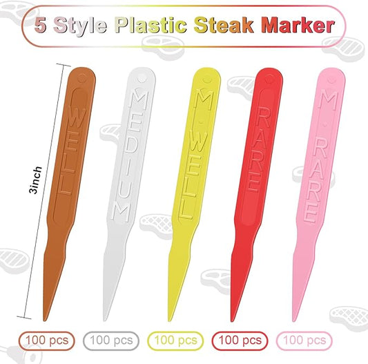 500 Pcs 3 Inch Steak Markers, Colorful Plastic Meat Doneness Picks Steak Temperature Sticks Assorted Doneness Labels Rare, Medium Rare, Medium Well, Well for Catering, Barbecues, Parties, Picnic