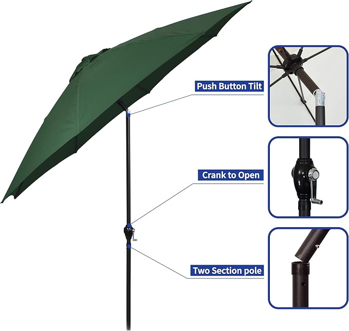 Sunline 9 ft Patio Umbrella with Crank & Push Button Tilt, Outdoor Market Umbrella with UV Protection & Wind Vent and Fiberglass Ribs, Metal Frame for Deck, Pool & Table, Hunter Green