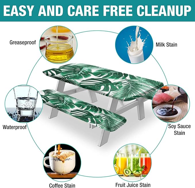 Summer Rectangle Fitted Picnic Table Cover w/ Bench Covers, Tropical Palm Tree Leaves Picnic Table Covers w/ Elastic, 72x28 Inch, 3 pcs Set, Green, for Picnics Indoor and Outdoor Dining Use