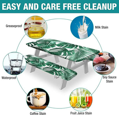 Summer Rectangle Fitted Picnic Table Cover w/ Bench Covers, Tropical Palm Tree Leaves Picnic Table Covers w/ Elastic, 72x28 Inch, 3 pcs Set, Green, for Picnics Indoor and Outdoor Dining Use
