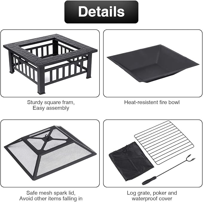 Anraja Fire Pit 32" Wood Burning Firepit Metal Square Outdoor Fire Tables Steel BBQ Gril Fire Pit Bowl withSpark Screen Cover, Poker Log Grate for Patio Bonfire Camping Backyard Garden Picnic1