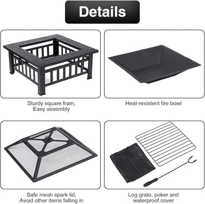 Anraja Fire Pit 32" Wood Burning Firepit Metal Square Outdoor Fire Tables Steel BBQ Gril Fire Pit Bowl withSpark Screen Cover, Poker Log Grate for Patio Bonfire Camping Backyard Garden Picnic1