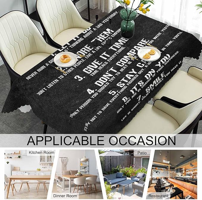 Rectangle Tablecloth 52x70 Inch Inspirational Quote, 7 Rules of Life Phrase Dining Table Cloth Table Cover for Home Kitchen Restaurant Party Buffet Picnic, 4-6 Seats