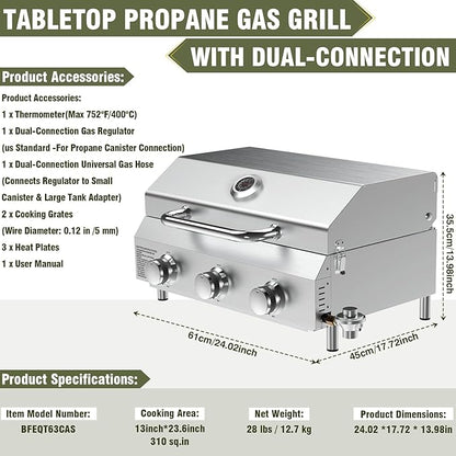 Bestfire 3-Burner Tabletop Propane Gas Grill with Dual Connections, 30,000 BTU Portable Propane Grill Fits Large Cylinders & Small Canisters, Stainless Steel Knobs, Compact Design for Camping, RV, BBQ