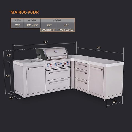 Mont Alpi 82"W x 75"D x 46"H Premium L-shaped Stainless Steel Modular Outdoor Kitchen Island with Infrared Side Burner + 44"W 6-Burner BBQ Grill + Granite Countertops + Storage Drawers and Cabinets