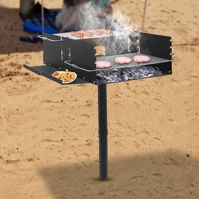 Park Style Charcoal Grill,Double Layer Portable Park BBQ Grill,Heavy Duty w/4 Gears Adjustable Table Height Cooking Grate For Commercial And Outdoor Cooking, Rv Cooking, Camping, Tailgating, Black