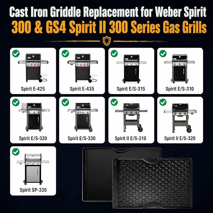 Cast Iron Griddle for Weber Spirit I & II 300 Series, Flat Top Grill Pan Replacement for Weber Spirit E310 E320 E330 S310 S320 S330, Fits Genesis Silver B/C Gold B/C 1000–3500, Replace Weber 7638 7639
