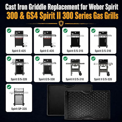 Cast Iron Griddle for Weber Spirit I & II 300 Series, Flat Top Grill Pan Replacement for Weber Spirit E310 E320 E330 S310 S320 S330, Fits Genesis Silver B/C Gold B/C 1000–3500, Replace Weber 7638 7639