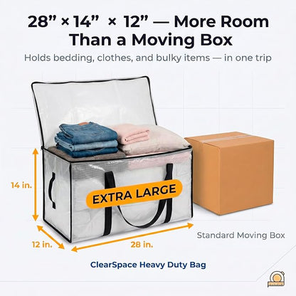 ClearSpace Oversized Moving Bags or Storage Bag – Large Moving Boxes with Backpack Straps, Zippers & Handles – Heavy-Duty Packing Bags for Moving, College Dorm, Christmas Decorations, 2 Pack