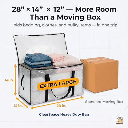 ClearSpace Oversized Moving Bags or Storage Bag – Large Moving Boxes with Backpack Straps, Zippers & Handles – Heavy-Duty Packing Bags for Moving, College Dorm, Christmas Decorations, 8 Pack.