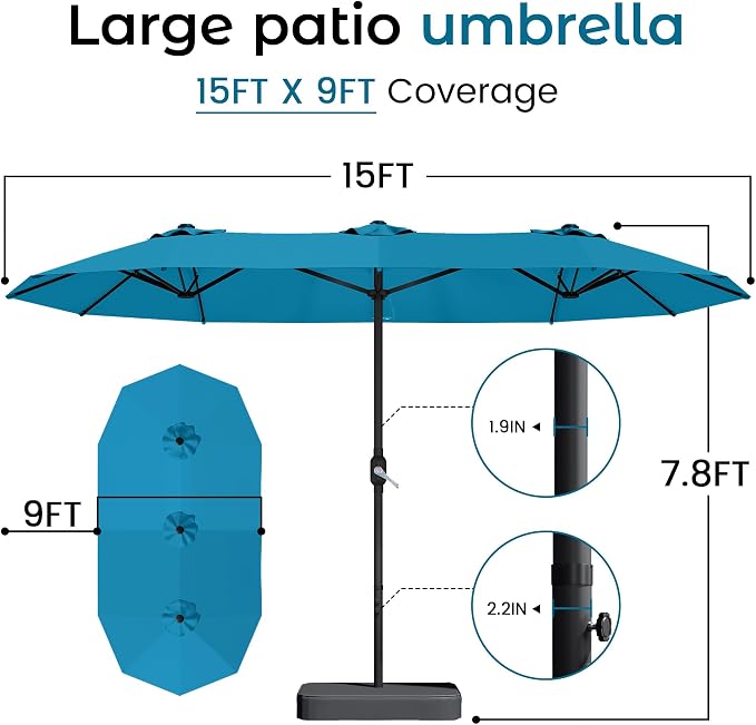 DomeShade 15FT Extra Large Patio Umbrella with Base, Double-Sided Outdoor Rectangular Market Umbrella with Stand,Heavy Duty Outside Sun Umbrella for Backyard,Poolside,Patio Furniture,Teal Blue