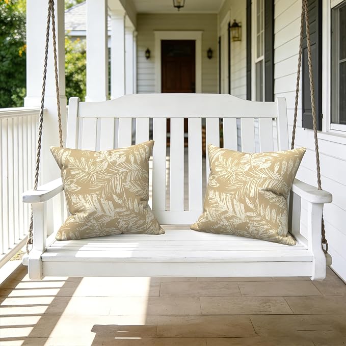 LVTXIII 2 Pack Outdoor Throw Pillow Covers for Patio Furniture, 16x16 Inch Square Pillow Case, Water-Repellent Cushion Covers for Garden, Porch, Sofa, Tropical Leaf Oat