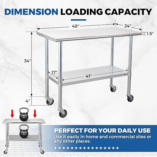 Profeeshaw Stainless Steel Prep Table with Wheels 24''x48'', NSF Work Table | Commercial Metal Workbench, with Undershelf, Heavy Duty Table, for Kitchen, Restaurant, Home, Gargae and Hotel, 18-gauge 430