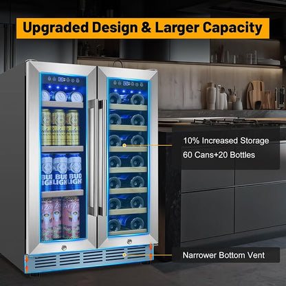 24" Dual Zone Wine and Beverage Refrigerator, Under Counter/Freestanding | 20-Bottle & 90-Can large capacity, Upgraded cooling performance, Digital temp display, Energy efficient, Home bar kitchen