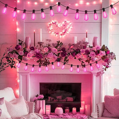 LAMPHOME 2-Pack 26Ft ST38 Pink Valentine's Day Patio Lights ，Outdoor String Lights with 12+1 ST38 Edison Bulbs, Shatterproof LED Lights for Outside Bistro Christmas Wedding Party Decorations