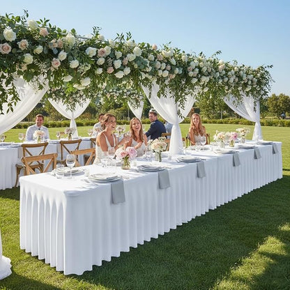 2 Pack White Spandex Table Covers 4ft Rectangle Ruffle Skirts for Party | Elastic Table Covers 4 Foot, Pleated Fitted Table Cloths, Wrinkle Resistant Elegant Table Skirts Wedding, Banquets