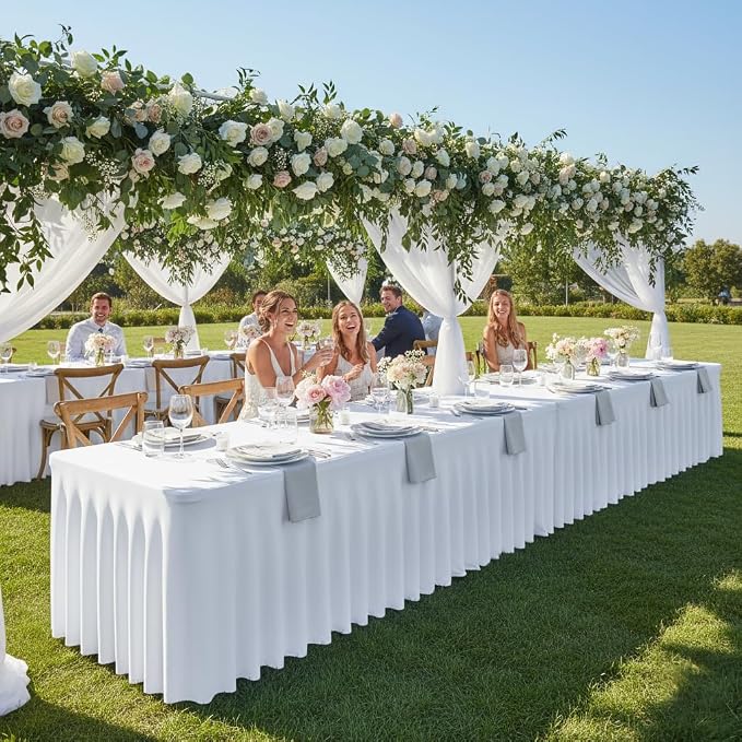 4 Pack White Spandex Table Covers 8ft Rectangle Ruffle Skirts for Party | Elastic Table Covers 8 Foot, Pleated Fitted Table Cloths, Wrinkle Resistant Elegant Table Skirts Wedding, Banquets
