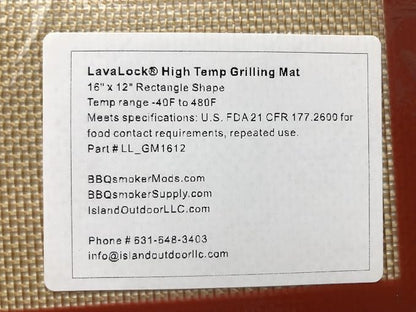 LavaLock® Grilling Mat High temp BBQ Non Stick Smoker Grill Silicon Mat FDA food contact safe Large 16" x 12" 480F