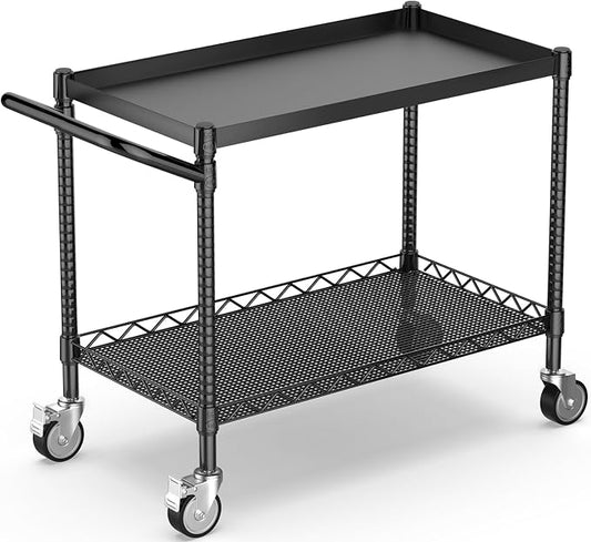 Utility Tool Cart with Wheel, 45In Large Rolling Utility Carts with Handle | 2 Tier Heavy Duty Commercial Grade Metal Serving Storage Carts for Warehouse Garage Kitchen, 25" D x 45" W x 40" H-Black