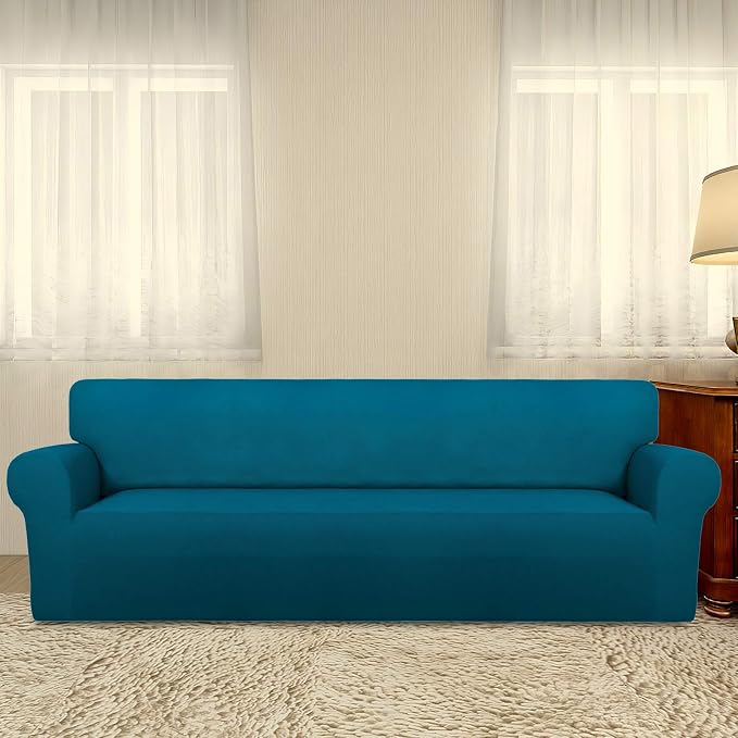 PureFit Stretch Couch Covers for Sofa 4 Seater Slipcovers Peacock Blue | 1-Piece Sofa Cover Washable Soft Couch protector, Couch Slipcover with Non Skid Foam and Elastic Bottom for Kids, Dogs