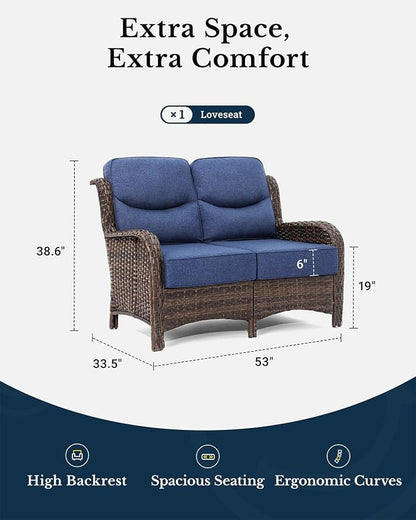 HILLGA Oversized Loveseat, Outdoor Sofa with High Back and 6-Inch Cushions | Patio Couch, Wicker Sofa, Outdoor Seating, Porch Furniture, Deck Couch, Luxury Furniture, Poolside Yard (Blue)