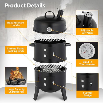 VINGLI Upgraded 18 Inch Vertical Charcoal Smoker, Multi-Layer Round Grill with Thermometer & Chimney, Heavy Duty Outdoor BBQ Smoker for Patio Parties, Backyard Cooking