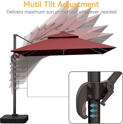 10x10 FT Patio Umbrella with Base, Large Cantilever Double Top Heavy Duty Offset Umbrellas with 360° Rotation, Outdoor shade for Garden Deck Pool, Red
