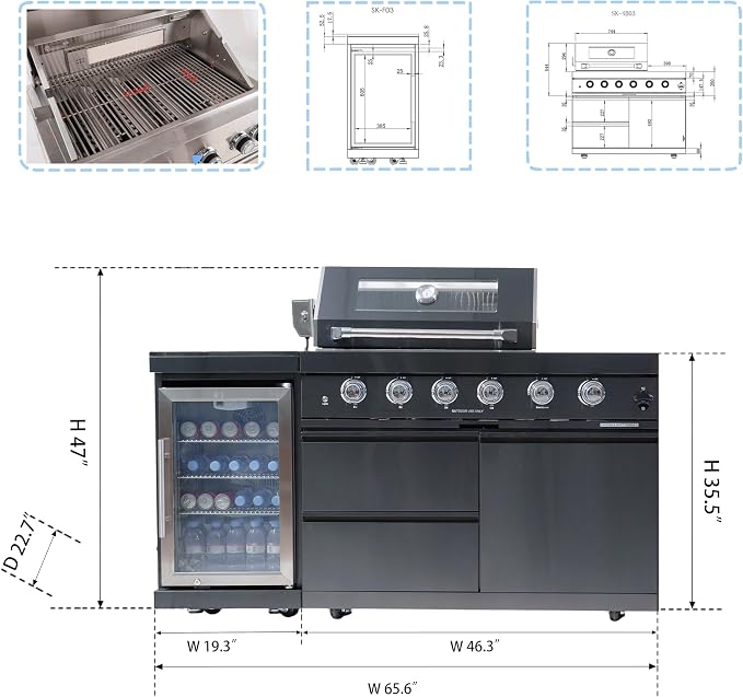 65-Inch Outdoor Kitchen Island with 4-Burner Gas, Outdoor Kitchen Bar Island BBQ Grill with 72000 BTU, 304 Stainless Steel, Wine Cooler Refrigerator, Rotisserie Kit, Granite Countertops, Black