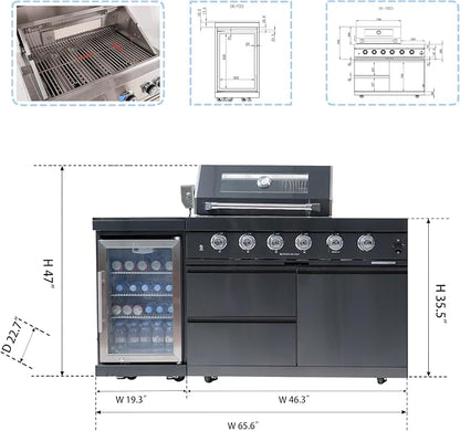 65-Inch Outdoor Kitchen Island with 4-Burner Gas, Outdoor Kitchen Bar Island BBQ Grill with 72000 BTU, 304 Stainless Steel, Wine Cooler Refrigerator, Rotisserie Kit, Granite Countertops, Black