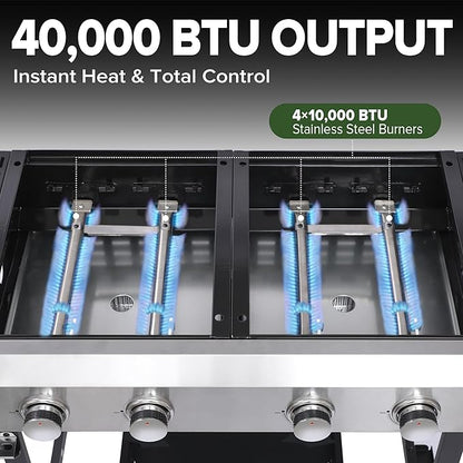Gas Grill and Griddle Combo with Conversion Kit, 4-Burner Griddle Grill Combo with Folding Side Tables, 40,000 BTU Propane Grill with Cast Iron Grates and Stainless Steel Griddle