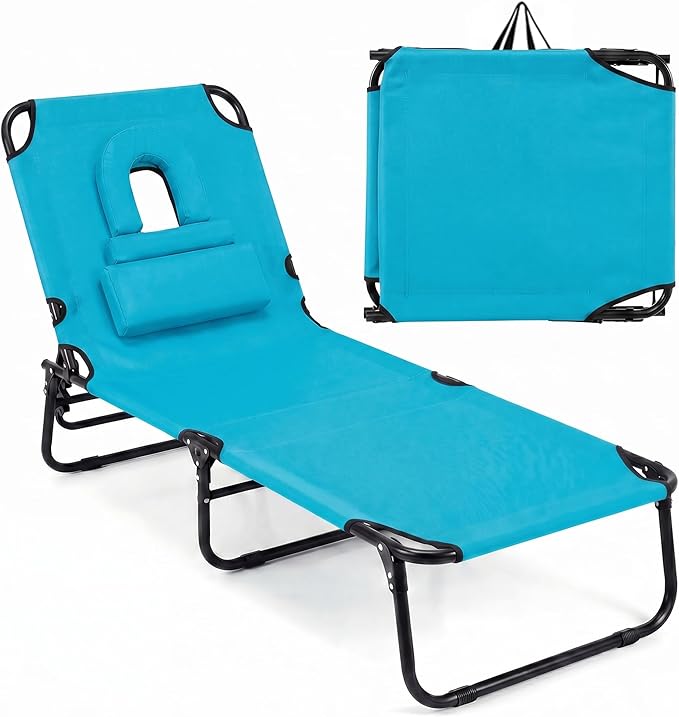Goplus Tanning Chair, Folding Beach Lounge Chair with Face Hole, Removable Pillow, Carry Strap, Position Adjustable, Sunbathing Chair, Portable Outside Lounge Chair for Patio Pool