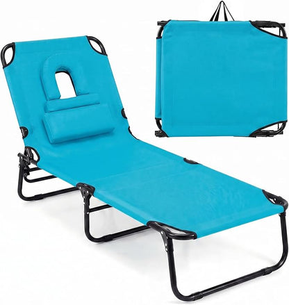 Goplus Tanning Chair, Folding Beach Lounge Chair with Face Hole, Removable Pillow, Carry Strap, Position Adjustable, Sunbathing Chair, Portable Outside Lounge Chair for Patio Pool