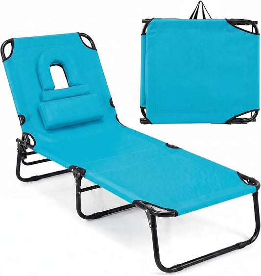 Goplus Tanning Chair, Folding Beach Lounge Chair with Face Hole, Removable Pillow, Carry Strap, Position Adjustable, Sunbathing Chair, Portable Outside Lounge Chair for Patio Pool