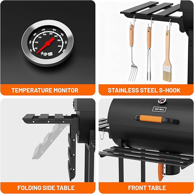 KEYO GRILL 29-Inch Barrel Charcoal Grill, Heavy duty BBQ Grill with Manual Rotisserie Meat Fork, Detachable Windproof Ash Collector Barbecue Smoker Grill Combo for Backyard, Patio and Parties ﻿