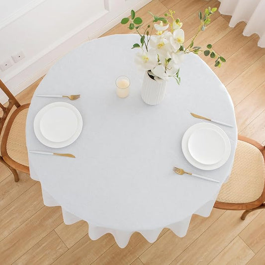 NLMUVW 48 Inch Round Vinyl Tablecloth with Flannel Backing, 100% Waterproof PVC Table Cloth Wipe Clean Table Cover for Dining Party Camping Outdoor, White
