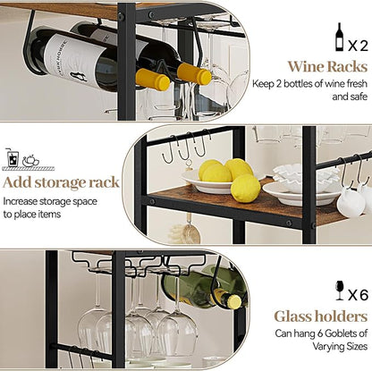 Bar Cart for The Home, 3 Tier Kitchen Carts with Wheels, Small Rolling Cart with Glass Holders, Wine Rack, Mini Bar Cart for Kitchen, Dining room, Living Room, 13.0"D x 17.0"W x 33.8"H, Rustic Brown